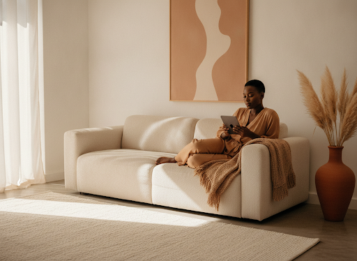 A woman using the BASAMA wellness application in a calm, sunlit home