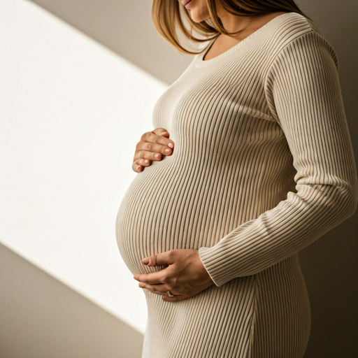 A pregnant woman using the BASAMA app in a calm, sunlit home