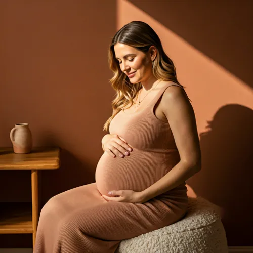 A serene pregnant woman in her second trimester sitting in a sun-drenched, minimalist room, gently cradling her belly