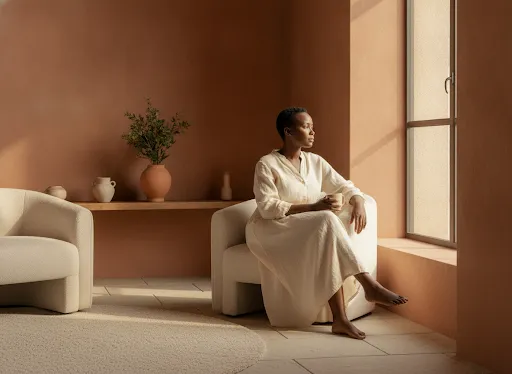 A serene South African woman in a warm, minimalist home interior