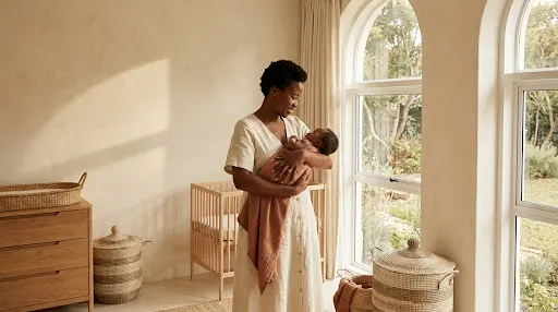 A mother tenderly tending to her baby in a calm, sunlit home