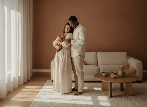 A diverse South African family sharing a tender moment with their newborn baby