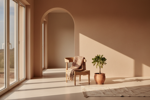 A minimalist, warm South African home interior with soft terracotta tones
